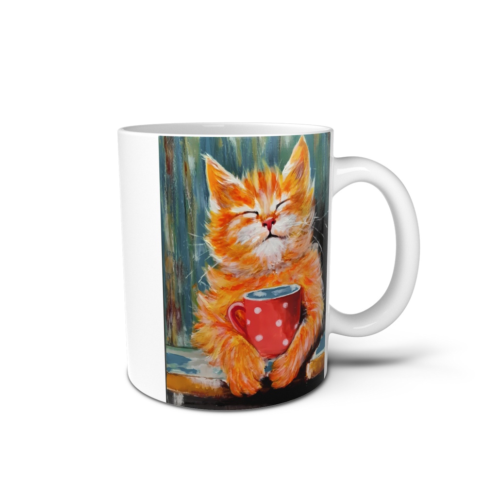 【イラストマグカップ】マグカップを抱えるほっこり子猫 / 油絵風アートデザイン