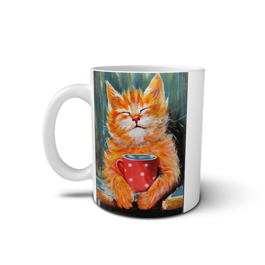 【イラストマグカップ】マグカップを抱えるほっこり子猫 / 油絵風アートデザイン