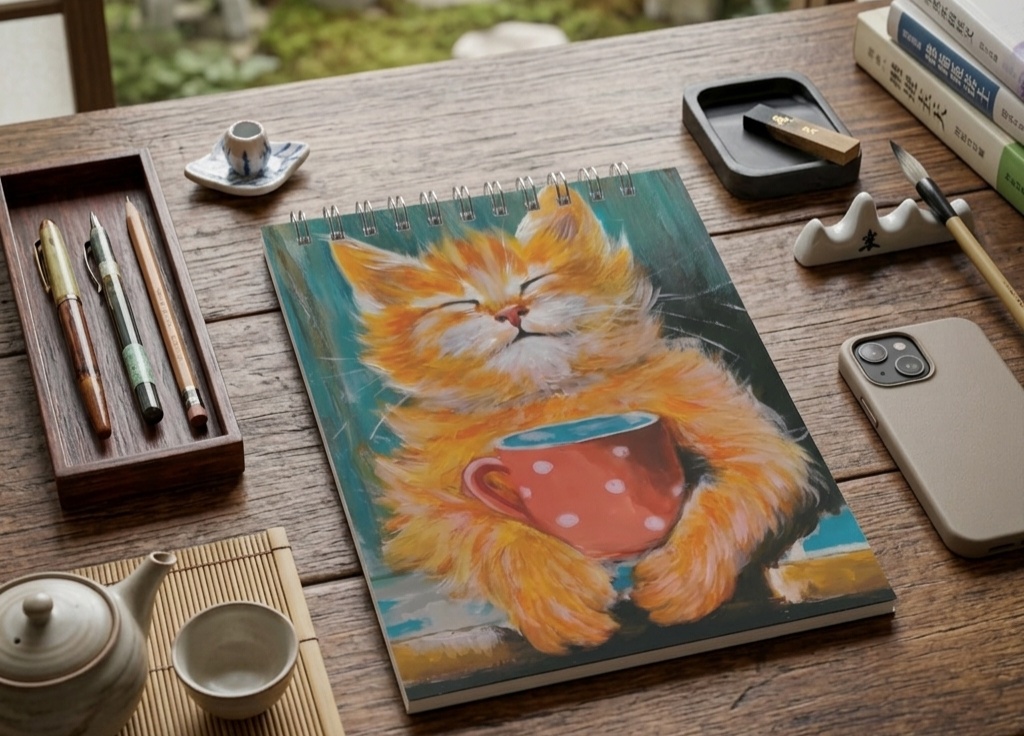 【イラストリングノート】マグカップを抱えるほっこり子猫 / 油絵風アートデザイン