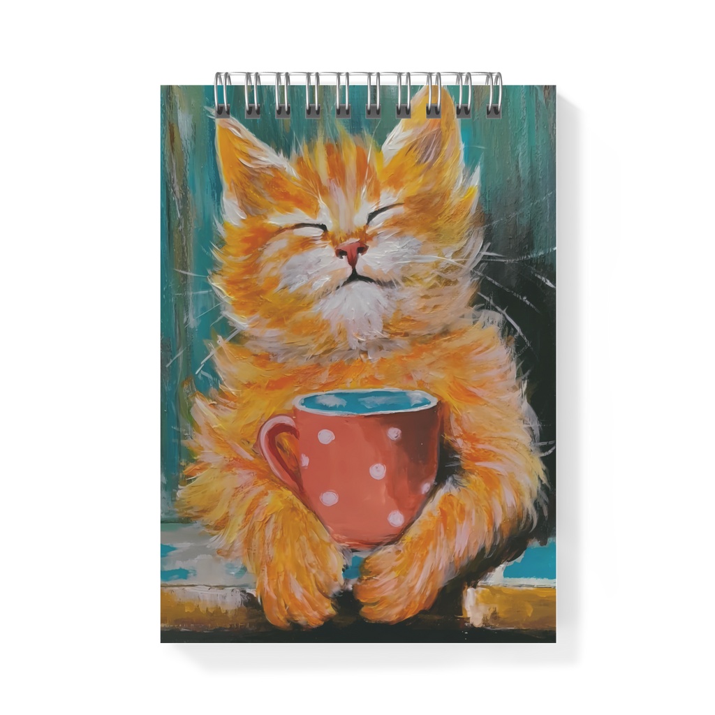 【イラストリングノート】マグカップを抱えるほっこり子猫 / 油絵風アートデザイン