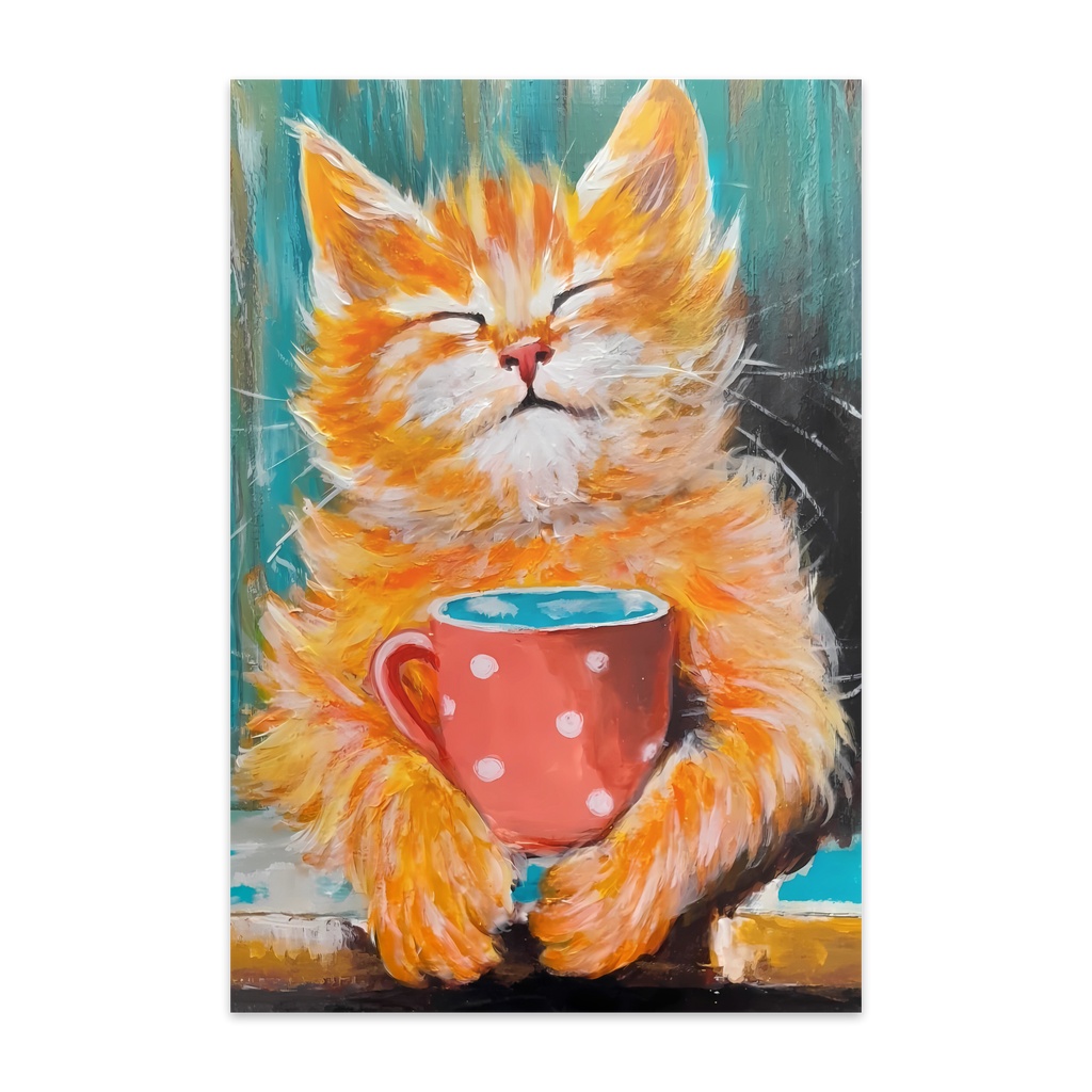 【ポストカード】マグカップを抱えるほっこり子猫 / 油絵風アートポストカード