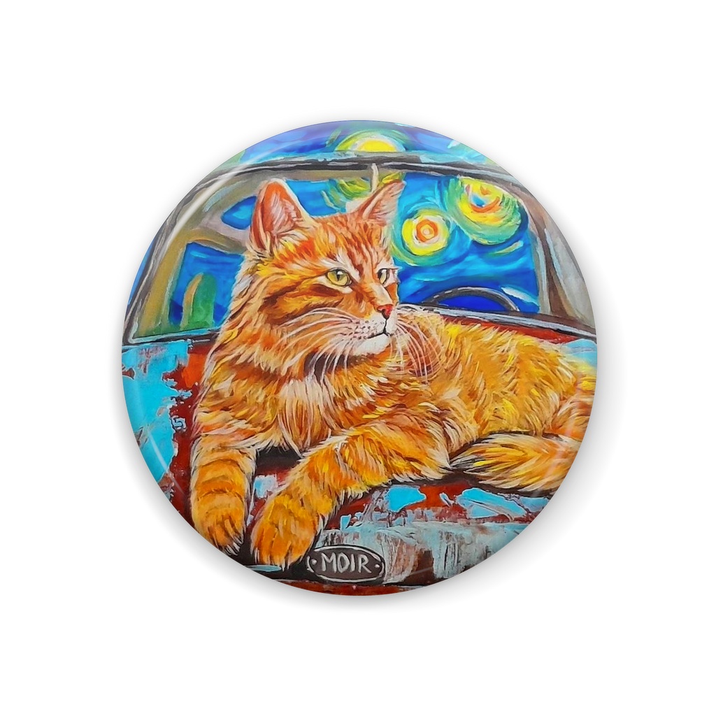 【缶バッジ】古びた車、星月夜、そして猫 / アクリル絵の具風アート缶バッジ