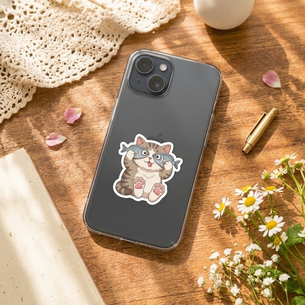 お魚で目を隠した猫ちゃん フレークシール / スマホステッカー🐱🐟
