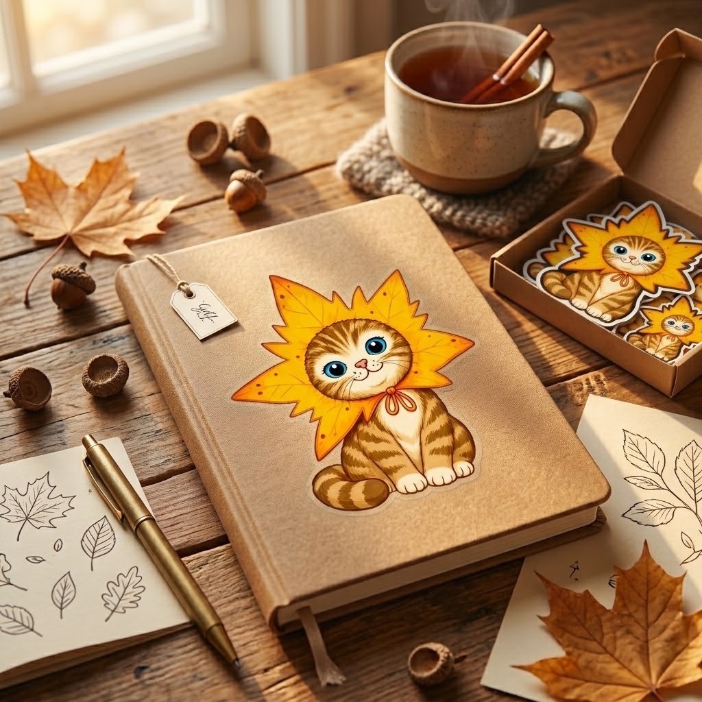 【ダイカットステッカー】秋の紅葉もみじ子猫 🍁