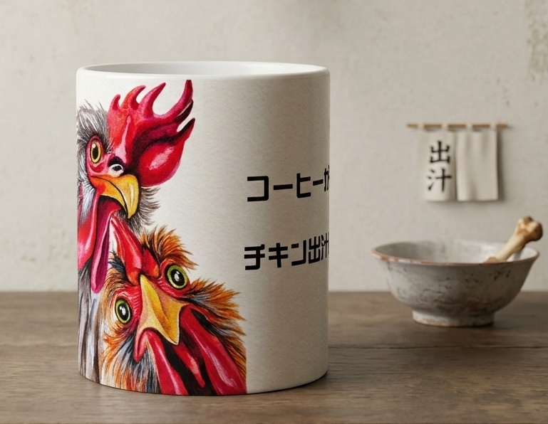 ユーモアたっぷり陶器マグカップ /  コーヒーが先！チキン出汁は後！