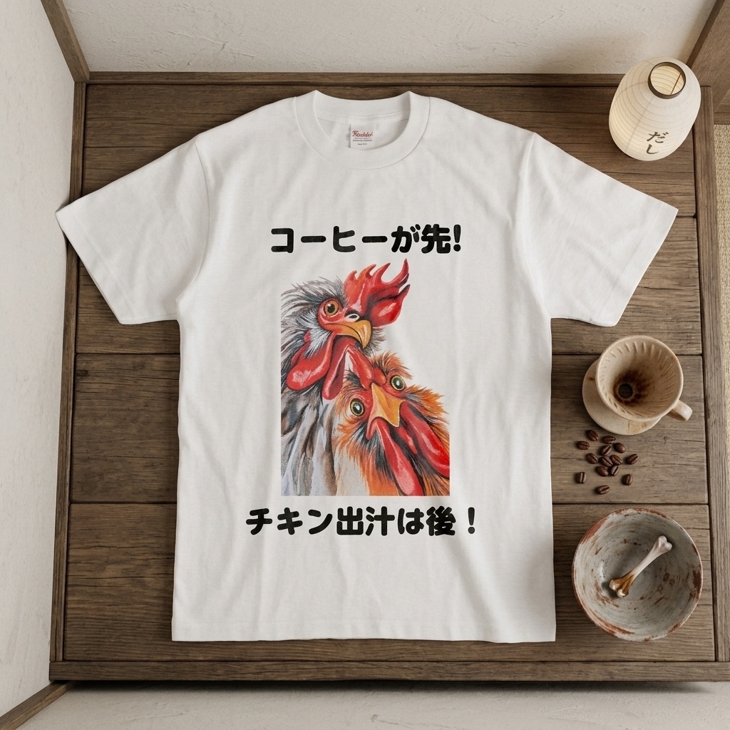 ユーモアたっぷりオリジナルTシャツ 「コーヒーが先！チキン出汁は後！」