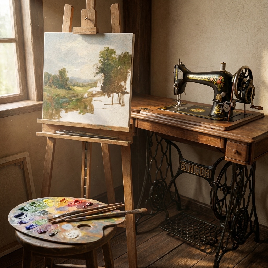 【3Dモデル】趣味のアトリエセット（イーゼル・パレット・ミシン）【VRChat/Unity/創作ワールド】