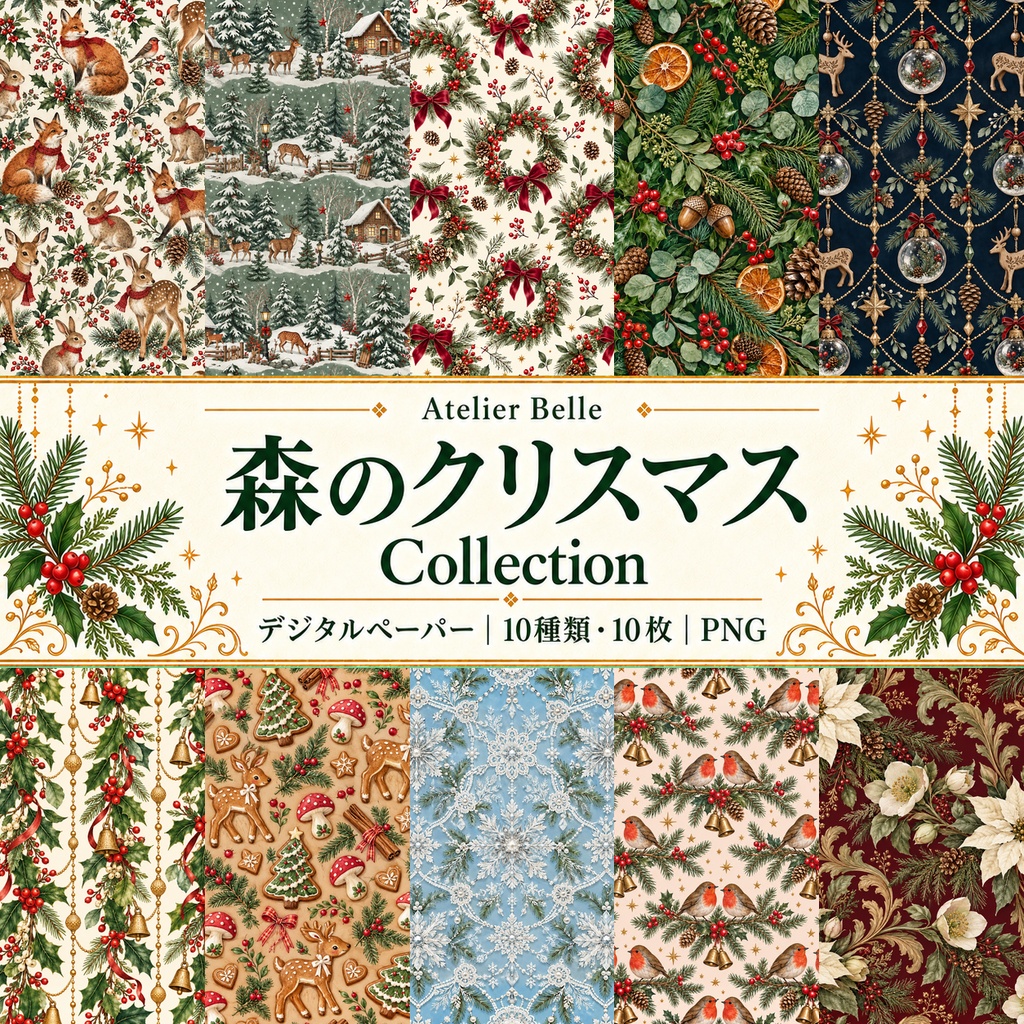 森のクリスマス Collection｜森の動物と冬の植物のデジタルペーパー10枚｜A4印刷用PDF付き｜全10柄・シームレス