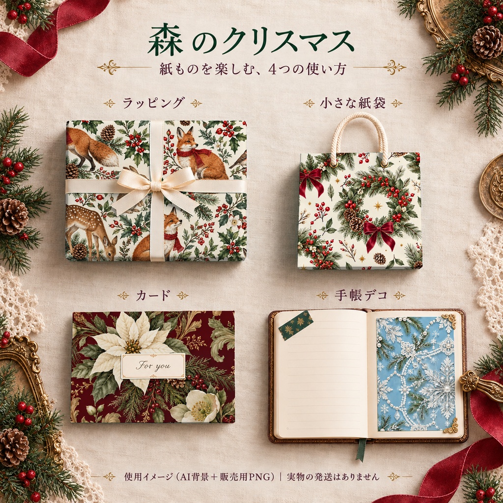 森のクリスマス Collection|森の動物と冬の植物のデジタルペーパー10枚|A4印刷用PDF付き|全10柄・シームレス