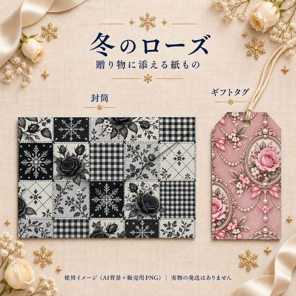 冬のローズ Collection〈ピンクと黒〉|A4印刷用PDF付き|デジタルペーパー10枚|5柄×2色・シームレス
