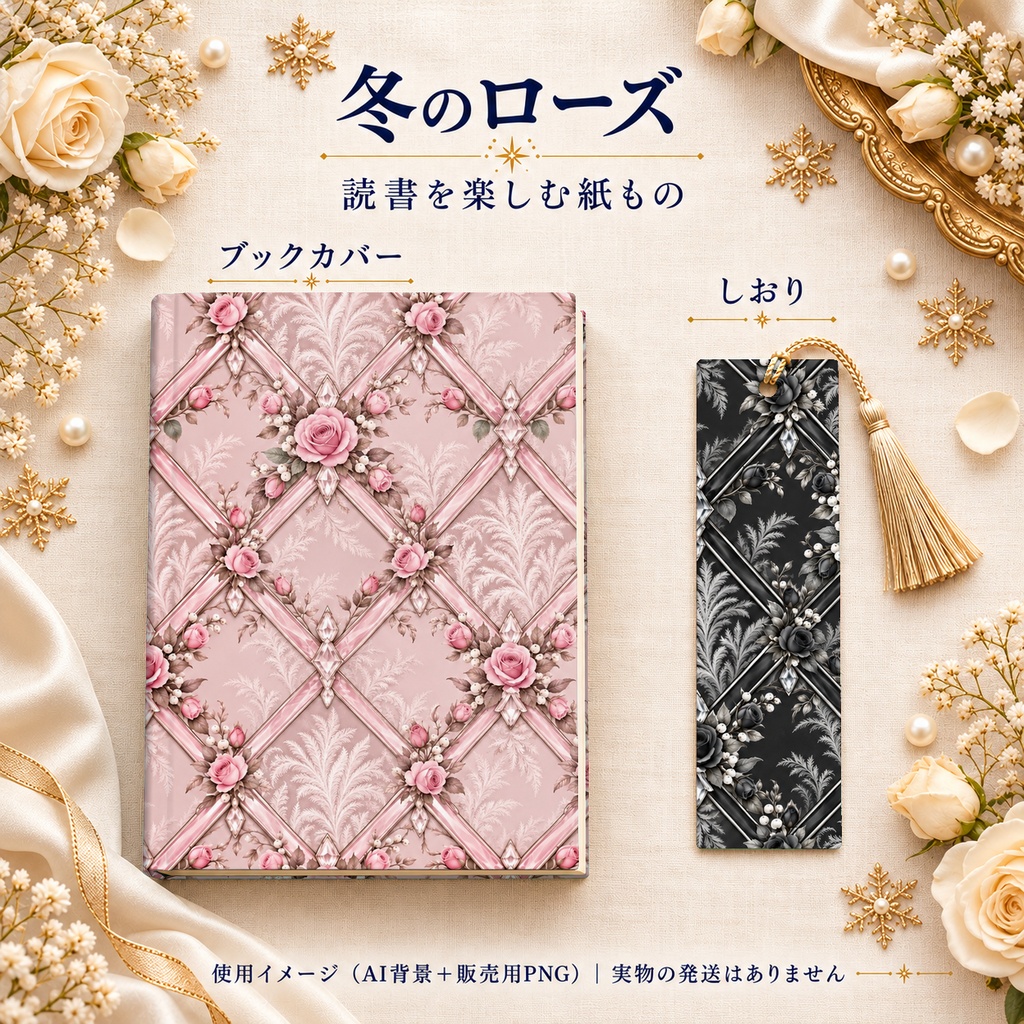 冬のローズ Collection〈ピンクと黒〉|A4印刷用PDF付き|デジタルペーパー10枚|5柄×2色・シームレス