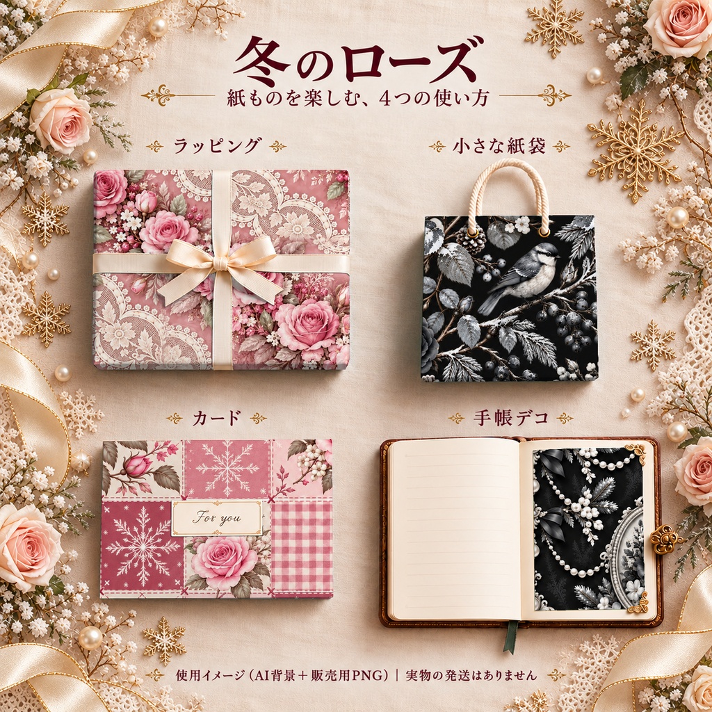 冬のローズ Collection〈ピンクと黒〉|A4印刷用PDF付き|デジタルペーパー10枚|5柄×2色・シームレス