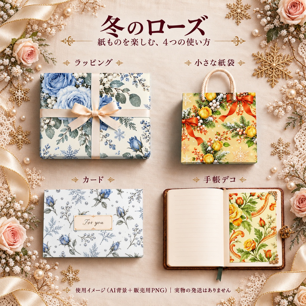 冬のローズ Collection〈青と黄色〉|A4印刷用PDF付き|デジタルペーパー10枚|5柄×2色・シームレス