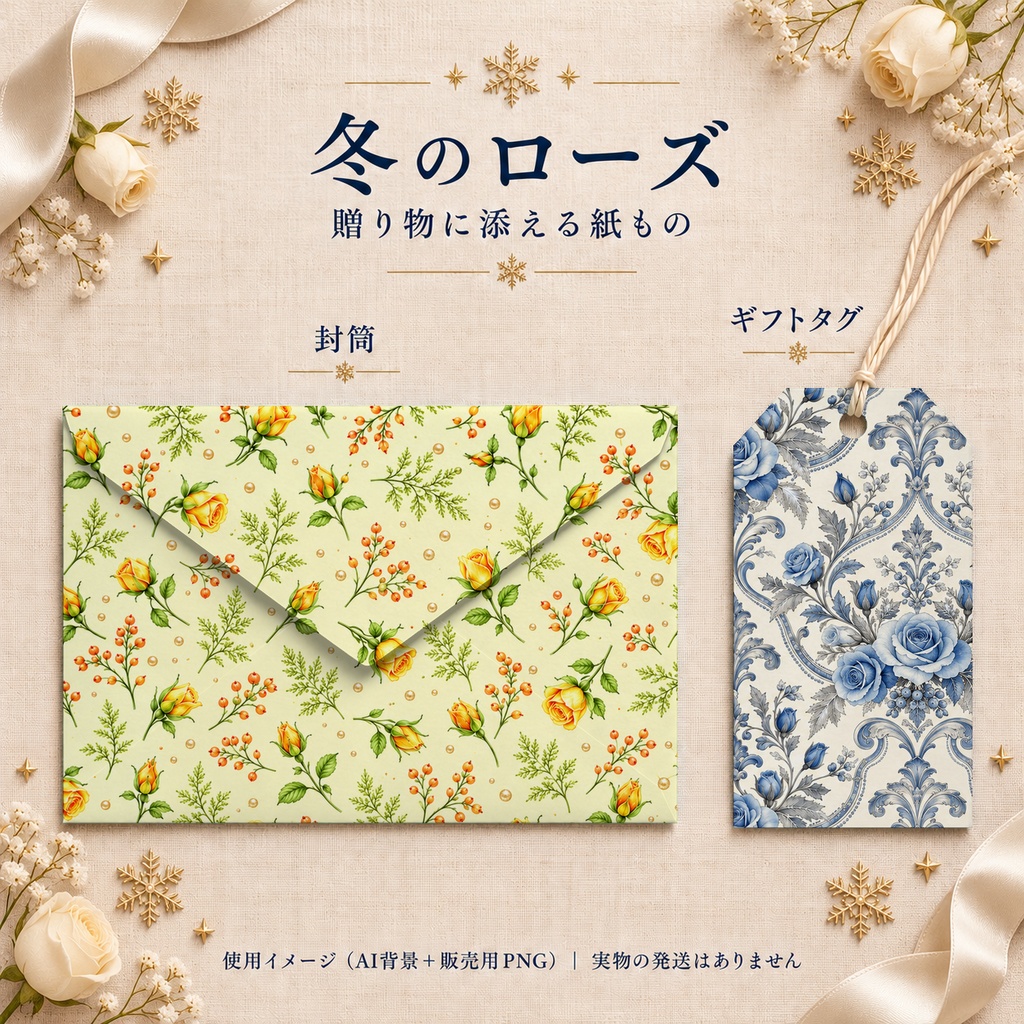 冬のローズ Collection〈青と黄色〉|A4印刷用PDF付き|デジタルペーパー10枚|5柄×2色・シームレス
