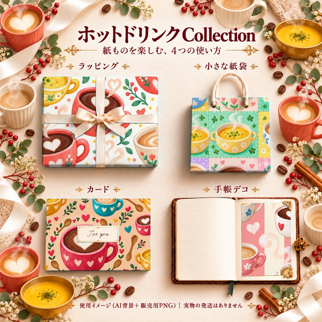 ホットドリンク Collection|かわいいカフェ・ココア・カフェオレ・スープ柄|A4印刷用PDF付き|全シームレス・PNG