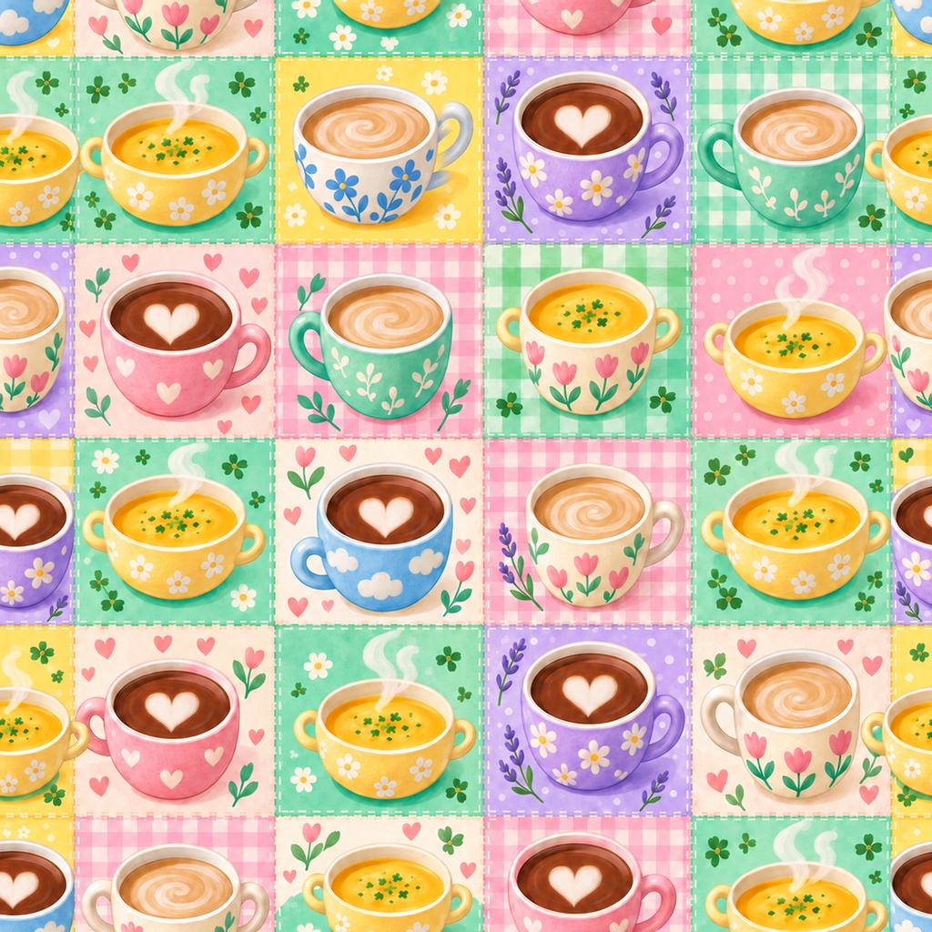 ホットドリンク Collection|かわいいカフェ・ココア・カフェオレ・スープ柄|A4印刷用PDF付き|全シームレス・PNG