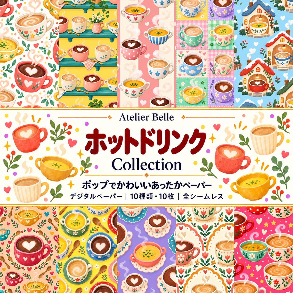 ホットドリンク Collection|かわいいカフェ・ココア・カフェオレ・スープ柄|A4印刷用PDF付き|全シームレス・PNG