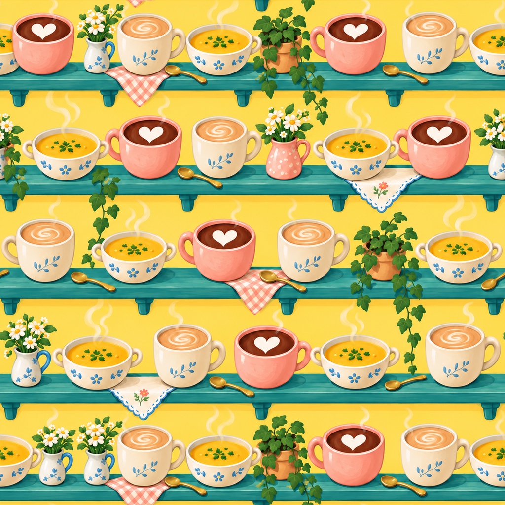 ホットドリンク Collection|かわいいカフェ・ココア・カフェオレ・スープ柄|A4印刷用PDF付き|全シームレス・PNG