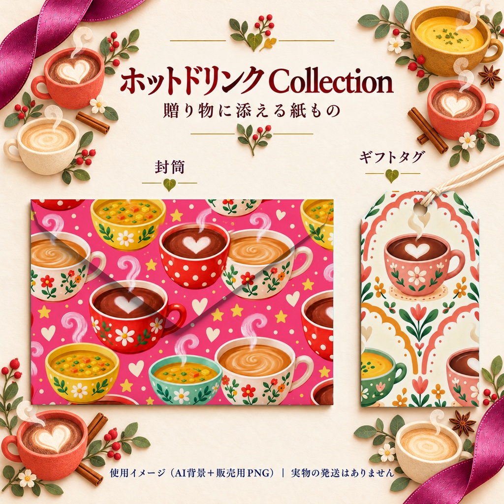 ホットドリンク Collection|かわいいカフェ・ココア・カフェオレ・スープ柄|A4印刷用PDF付き|全シームレス・PNG