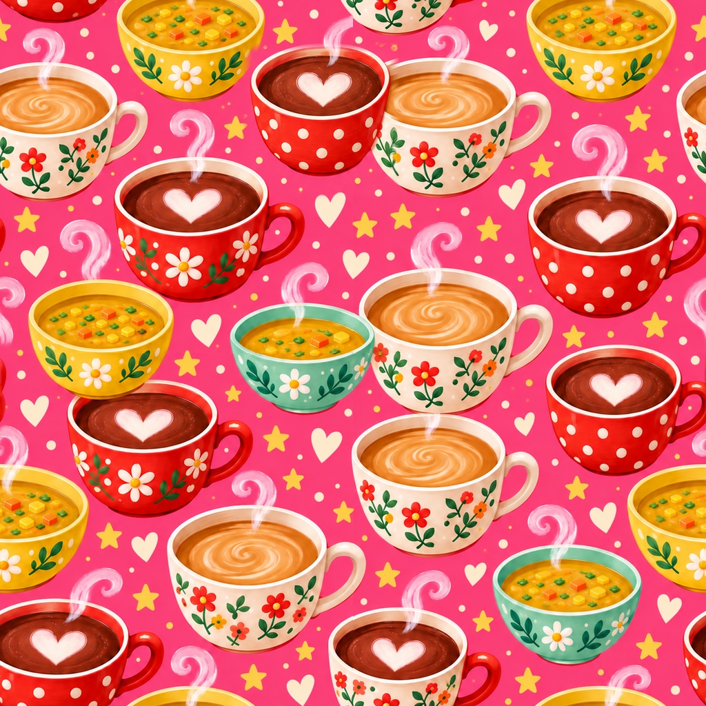 ホットドリンク Collection|かわいいカフェ・ココア・カフェオレ・スープ柄|A4印刷用PDF付き|全シームレス・PNG