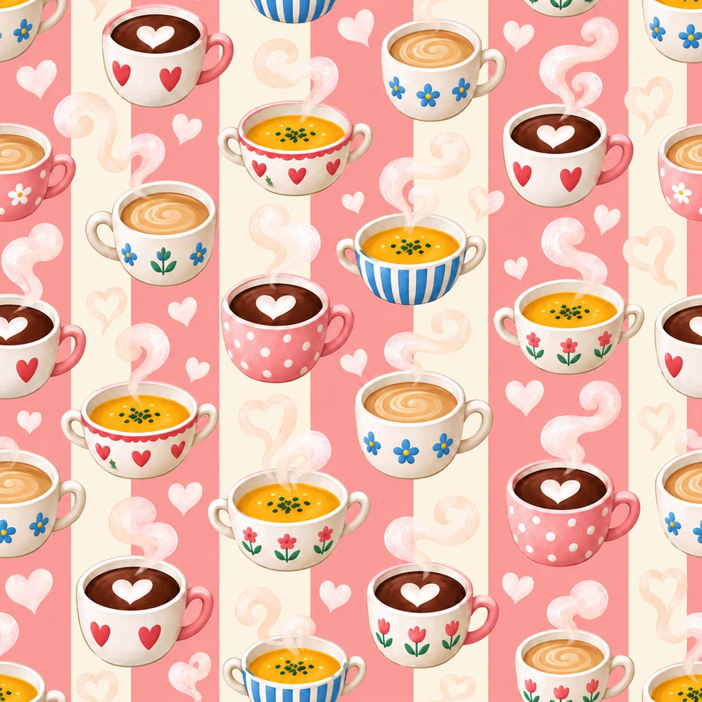 ホットドリンク Collection|かわいいカフェ・ココア・カフェオレ・スープ柄|A4印刷用PDF付き|全シームレス・PNG