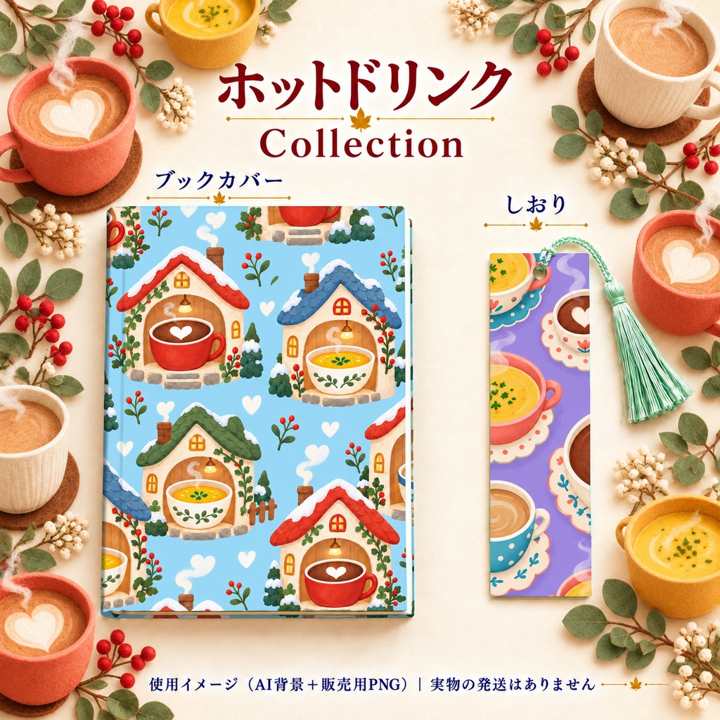 ホットドリンク Collection|かわいいカフェ・ココア・カフェオレ・スープ柄|A4印刷用PDF付き|全シームレス・PNG