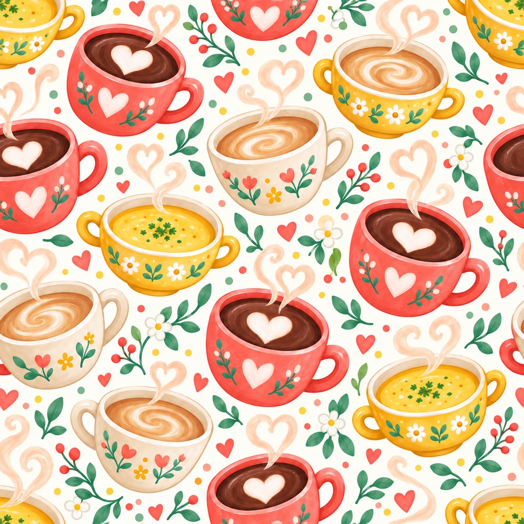 ホットドリンク Collection|かわいいカフェ・ココア・カフェオレ・スープ柄|A4印刷用PDF付き|全シームレス・PNG