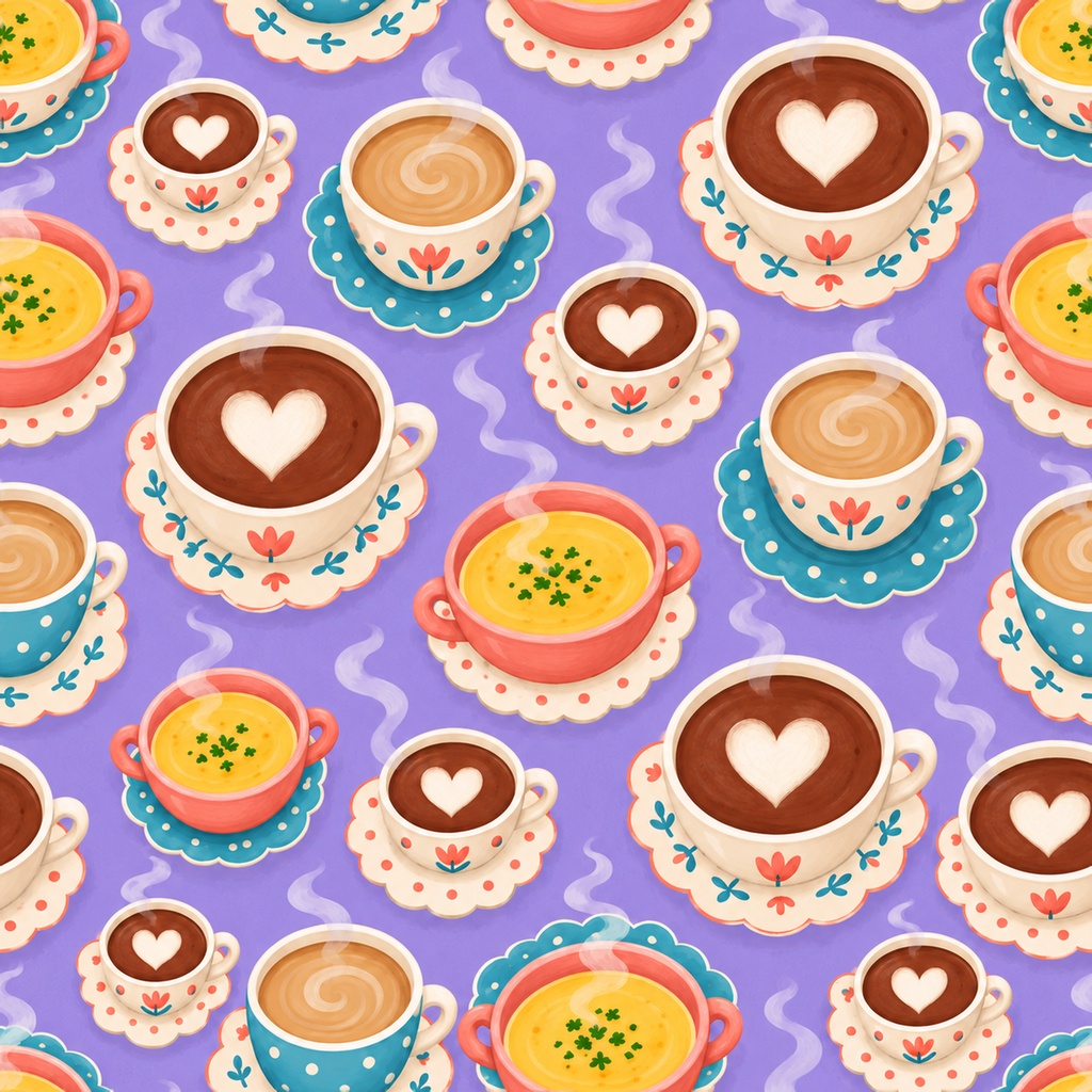 ホットドリンク Collection|かわいいカフェ・ココア・カフェオレ・スープ柄|A4印刷用PDF付き|全シームレス・PNG