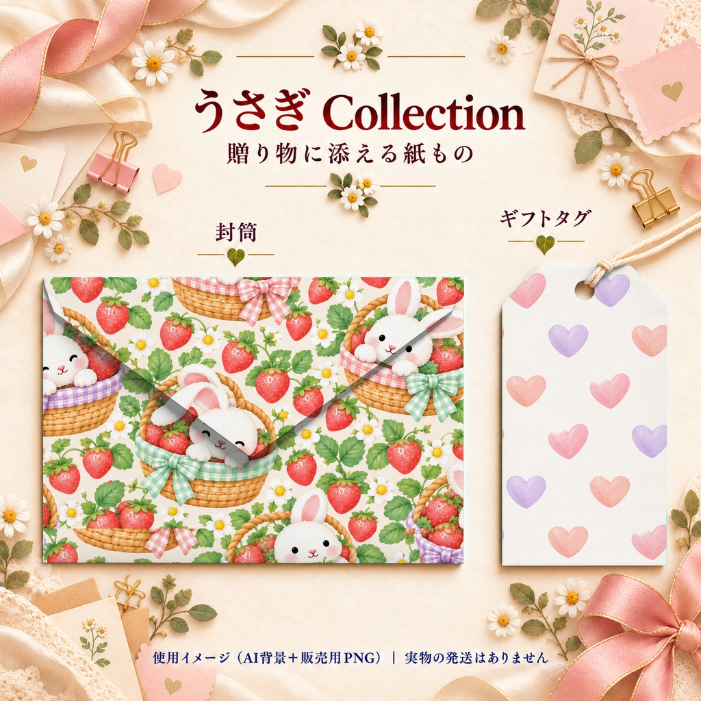 うさぎ Collection|かわいいパステル・水玉・レース・ハート・チェック柄|A4印刷用PDF付き|全シームレス・PNGデジタルペーパー12枚