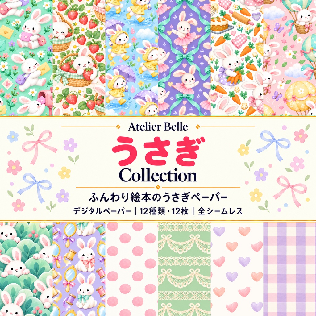 うさぎ Collection｜かわいいパステル・水玉・レース・ハート・チェック柄｜A4印刷用PDF付き｜全シームレス・PNGデジタルペーパー12枚