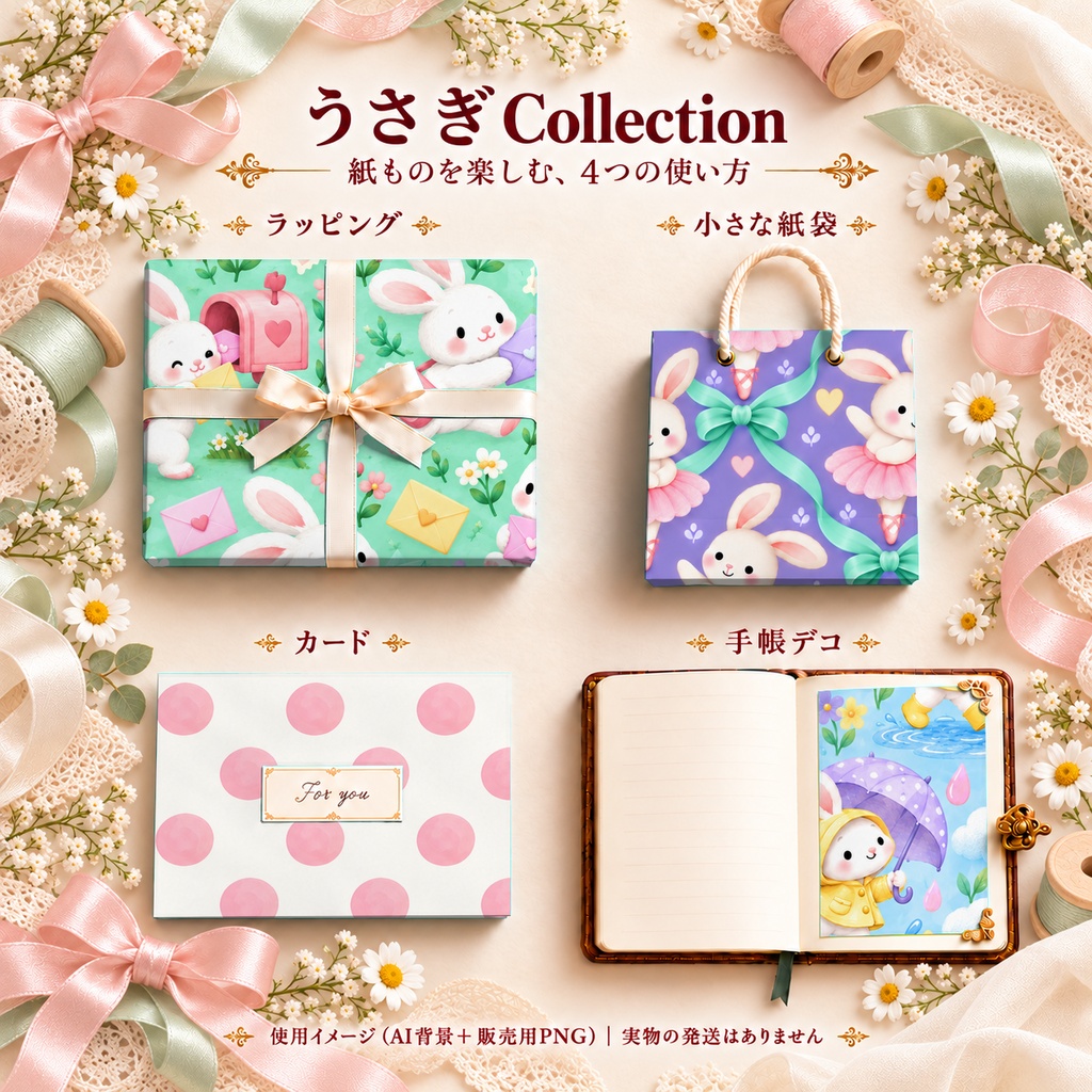 うさぎ Collection|かわいいパステル・水玉・レース・ハート・チェック柄|A4印刷用PDF付き|全シームレス・PNGデジタルペーパー12枚