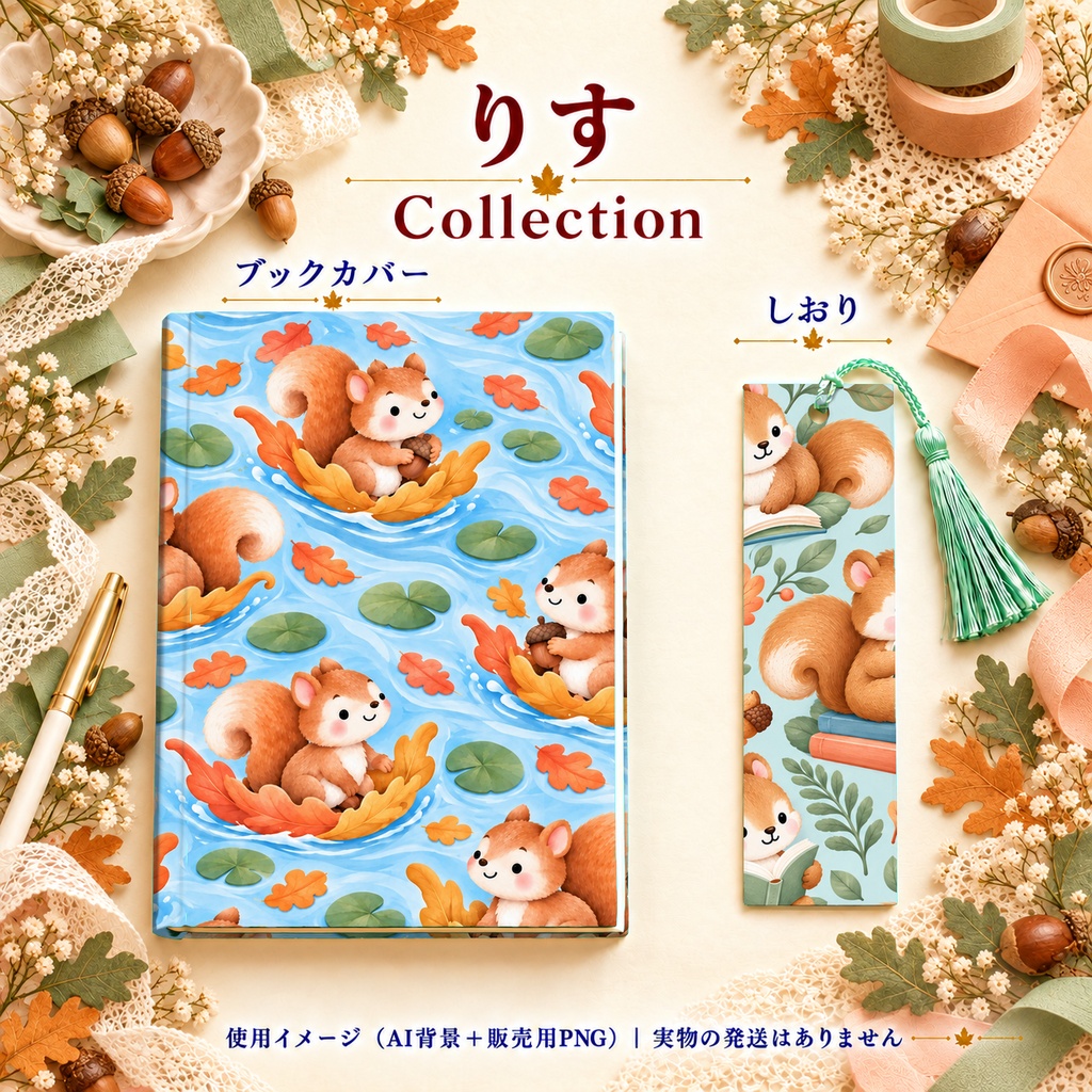 りす・どんぐり Collection|A4印刷用PDF付き|かわいい森の動物柄・水玉・レース・ハート・チェック|全シームレス・PNGデジタルペーパー12枚|