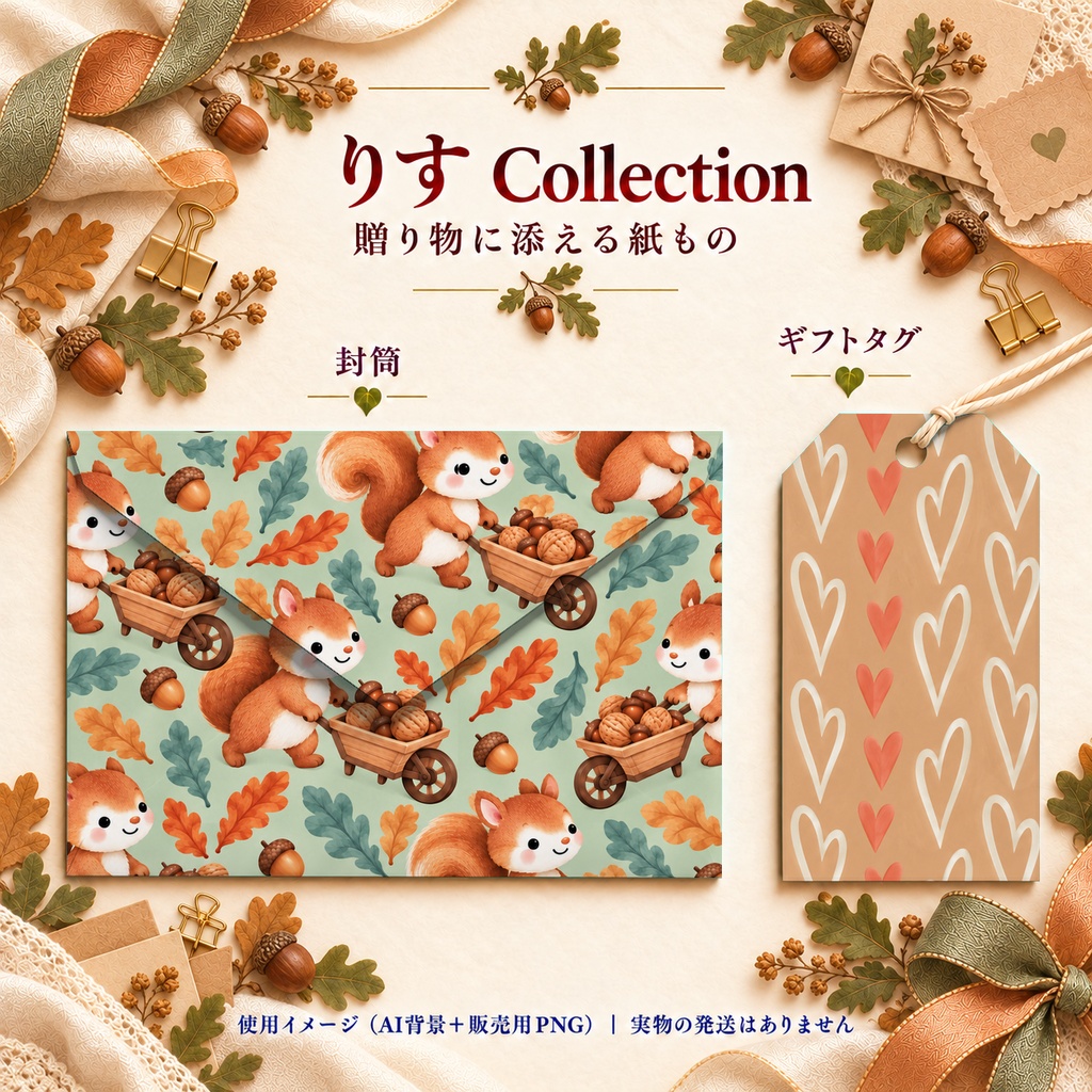 りす・どんぐり Collection|A4印刷用PDF付き|かわいい森の動物柄・水玉・レース・ハート・チェック|全シームレス・PNGデジタルペーパー12枚|