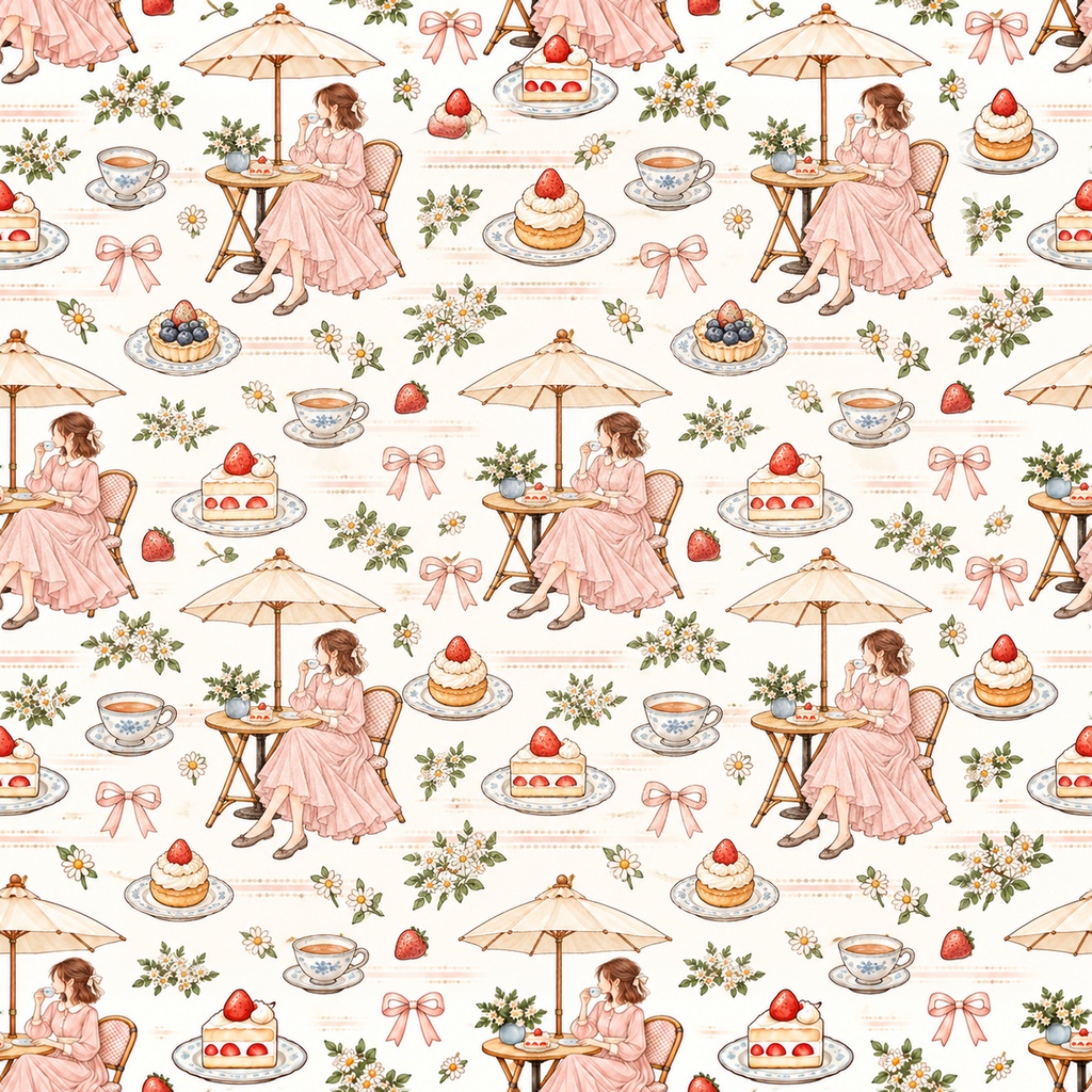 Sweet Café Collection|ケーキ・カフェ・パラソル・レース|A4印刷用PDF付き|手帳素材・ラッピング|シームレスPNG女の子とスイーツの水彩デジタルペーパー10枚|