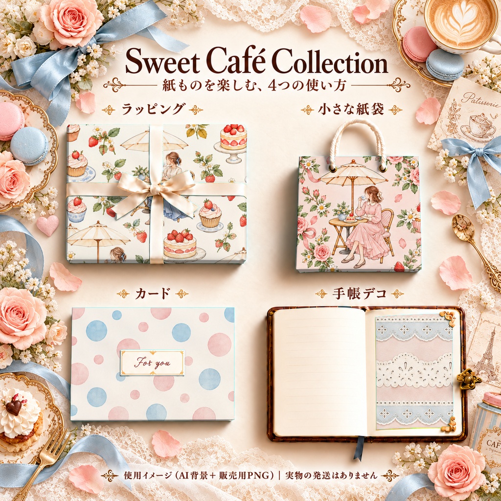 Sweet Café Collection|ケーキ・カフェ・パラソル・レース|A4印刷用PDF付き|手帳素材・ラッピング|シームレスPNG女の子とスイーツの水彩デジタルペーパー10枚|