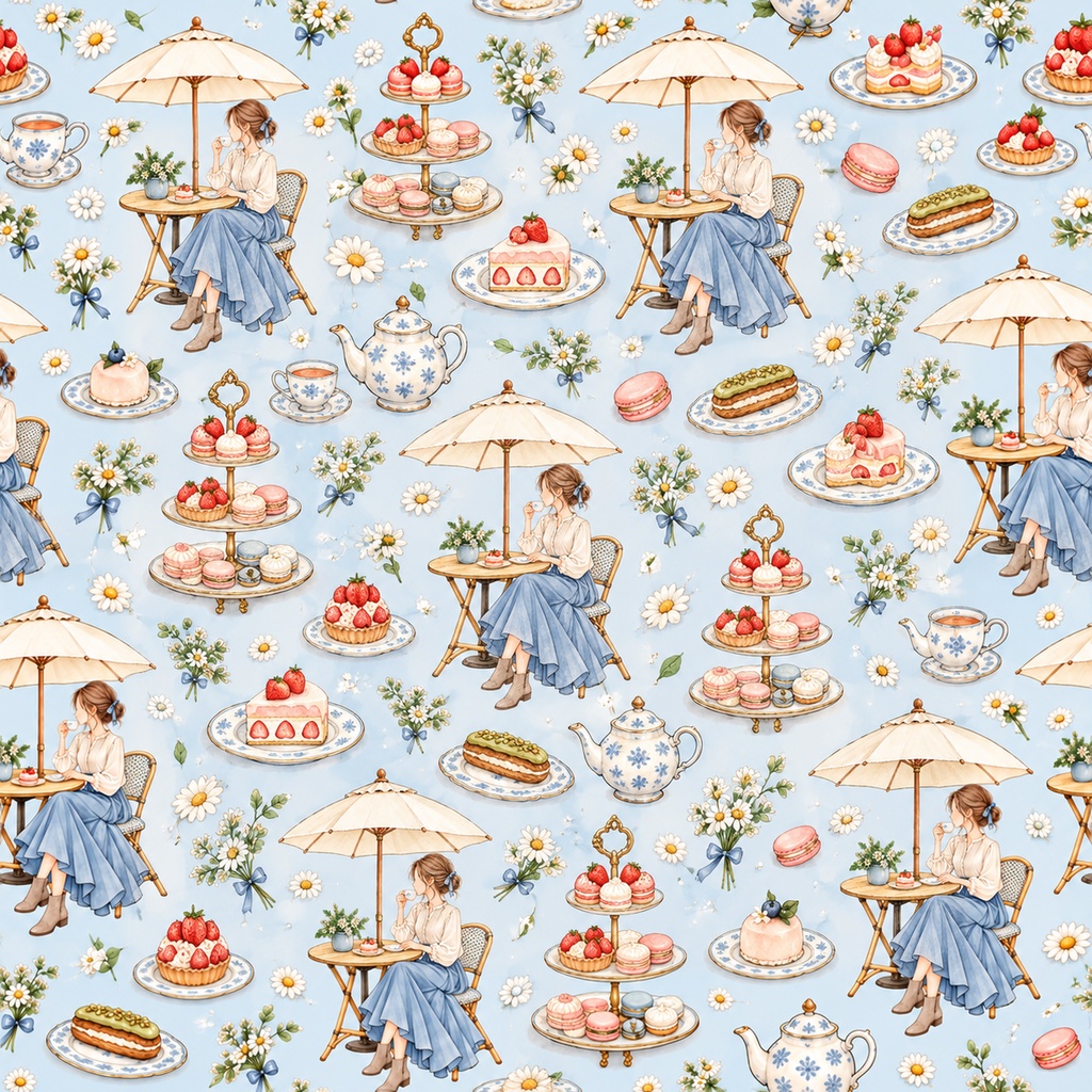 Sweet Café Collection|ケーキ・カフェ・パラソル・レース|A4印刷用PDF付き|手帳素材・ラッピング|シームレスPNG女の子とスイーツの水彩デジタルペーパー10枚|