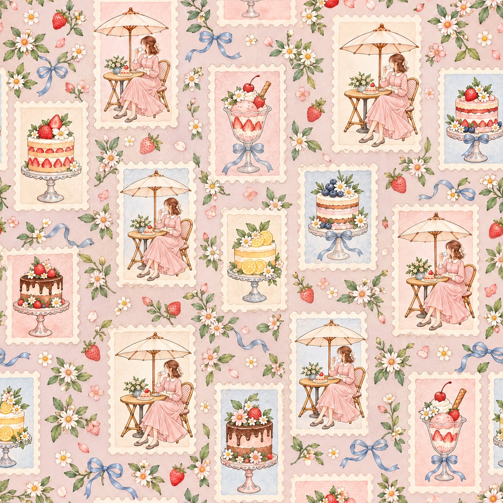 Sweet Café Collection|ケーキ・カフェ・パラソル・レース|A4印刷用PDF付き|手帳素材・ラッピング|シームレスPNG女の子とスイーツの水彩デジタルペーパー10枚|