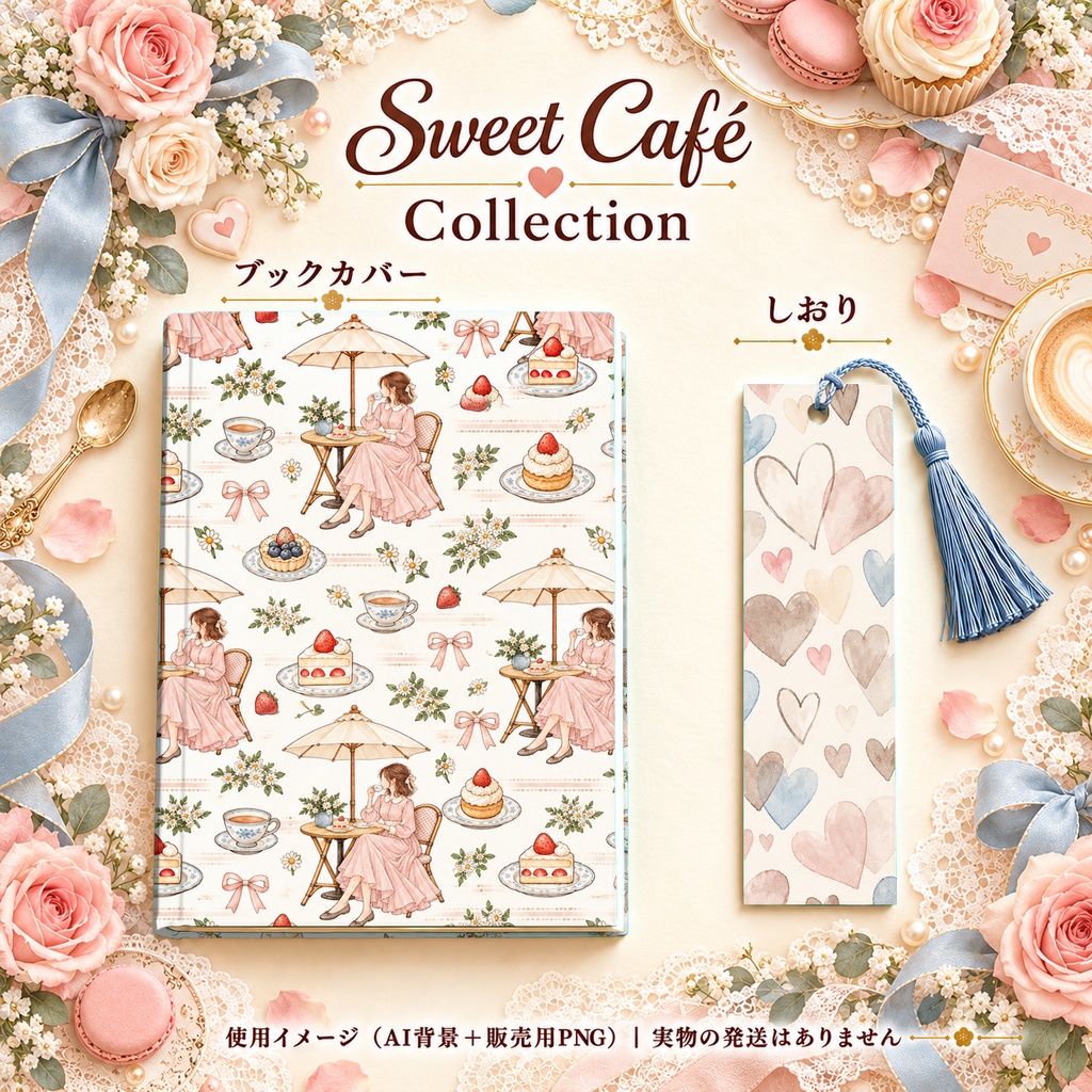 Sweet Café Collection|ケーキ・カフェ・パラソル・レース|A4印刷用PDF付き|手帳素材・ラッピング|シームレスPNG女の子とスイーツの水彩デジタルペーパー10枚|