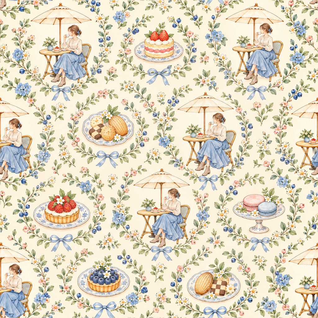 Sweet Café Collection|ケーキ・カフェ・パラソル・レース|A4印刷用PDF付き|手帳素材・ラッピング|シームレスPNG女の子とスイーツの水彩デジタルペーパー10枚|