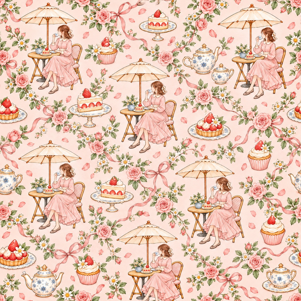 Sweet Café Collection|ケーキ・カフェ・パラソル・レース|A4印刷用PDF付き|手帳素材・ラッピング|シームレスPNG女の子とスイーツの水彩デジタルペーパー10枚|