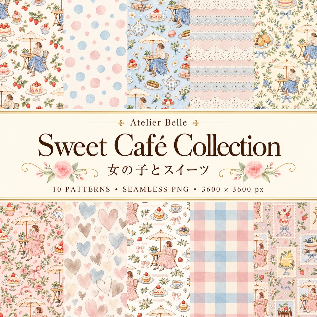 Sweet Café Collection｜ケーキ・カフェ・パラソル・レース｜A4印刷用PDF付き｜手帳素材・ラッピング｜シームレスPNG女の子とスイーツの水彩デジタルペーパー10枚｜
