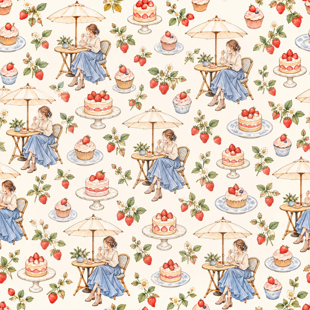 Sweet Café Collection|ケーキ・カフェ・パラソル・レース|A4印刷用PDF付き|手帳素材・ラッピング|シームレスPNG女の子とスイーツの水彩デジタルペーパー10枚|