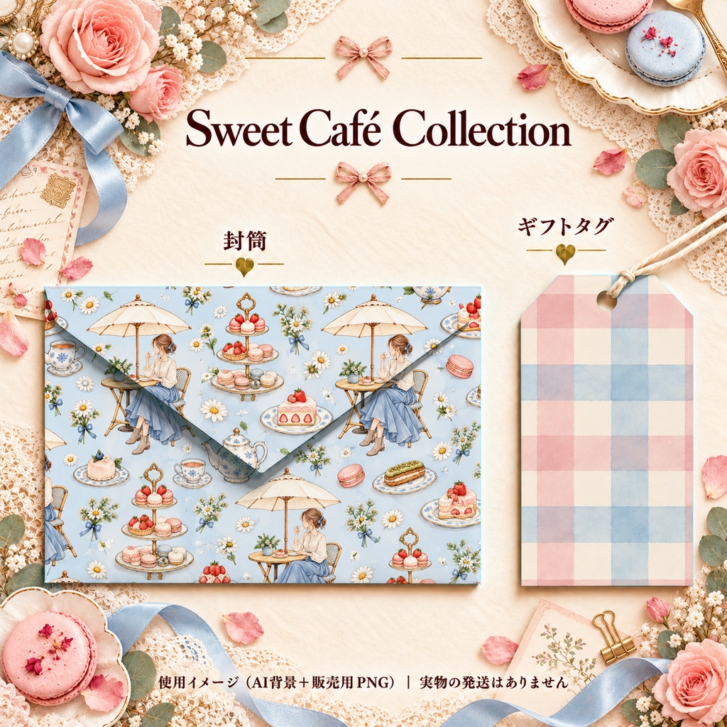 Sweet Café Collection|ケーキ・カフェ・パラソル・レース|A4印刷用PDF付き|手帳素材・ラッピング|シームレスPNG女の子とスイーツの水彩デジタルペーパー10枚|