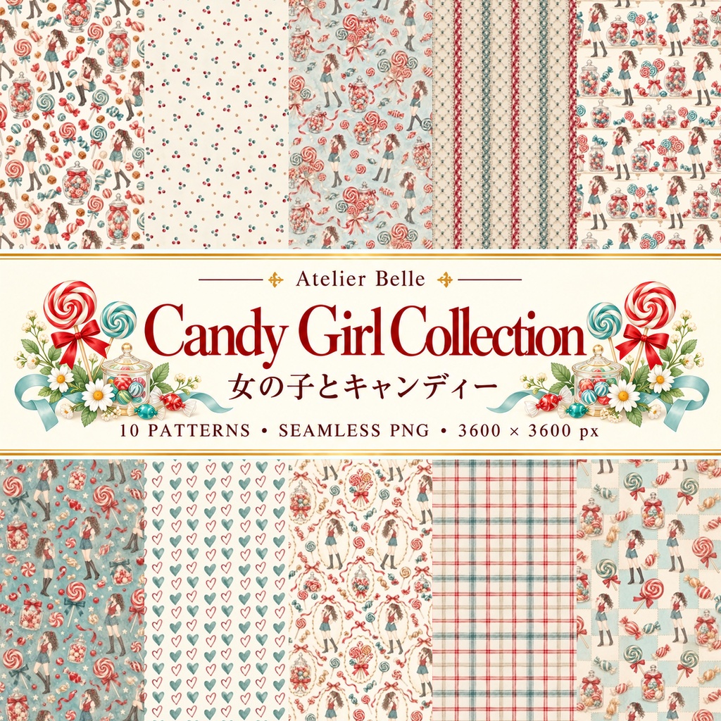 Candy Girl Collection｜お菓子・ロリポップ・レース｜A4印刷用PDF付き｜手帳素材・ラッピング｜シームレスPNG女の子とキャンディーの水彩デジタルペーパー10枚｜