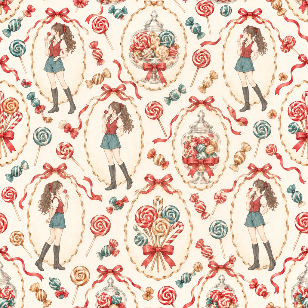 Candy Girl Collection|お菓子・ロリポップ・レース|A4印刷用PDF付き|手帳素材・ラッピング|シームレスPNG女の子とキャンディーの水彩デジタルペーパー10枚|