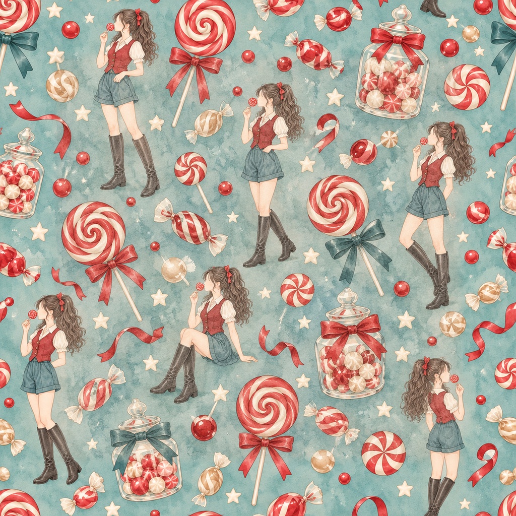 Candy Girl Collection|お菓子・ロリポップ・レース|A4印刷用PDF付き|手帳素材・ラッピング|シームレスPNG女の子とキャンディーの水彩デジタルペーパー10枚|