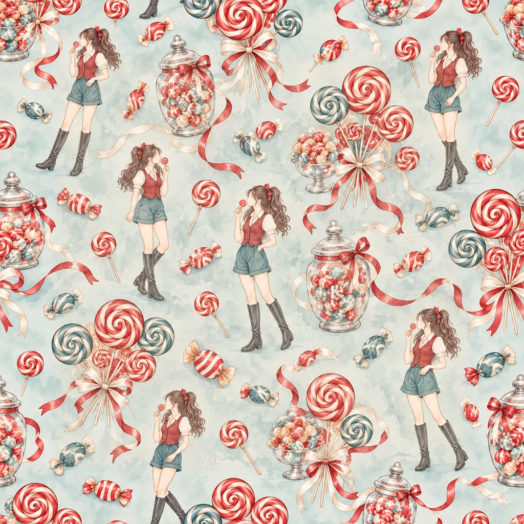 Candy Girl Collection|お菓子・ロリポップ・レース|A4印刷用PDF付き|手帳素材・ラッピング|シームレスPNG女の子とキャンディーの水彩デジタルペーパー10枚|