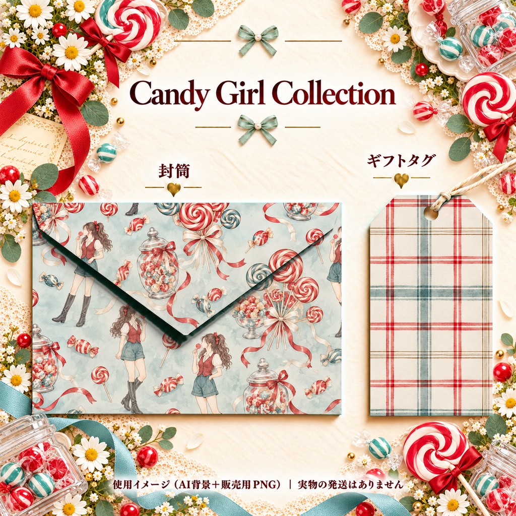 Candy Girl Collection|お菓子・ロリポップ・レース|A4印刷用PDF付き|手帳素材・ラッピング|シームレスPNG女の子とキャンディーの水彩デジタルペーパー10枚|
