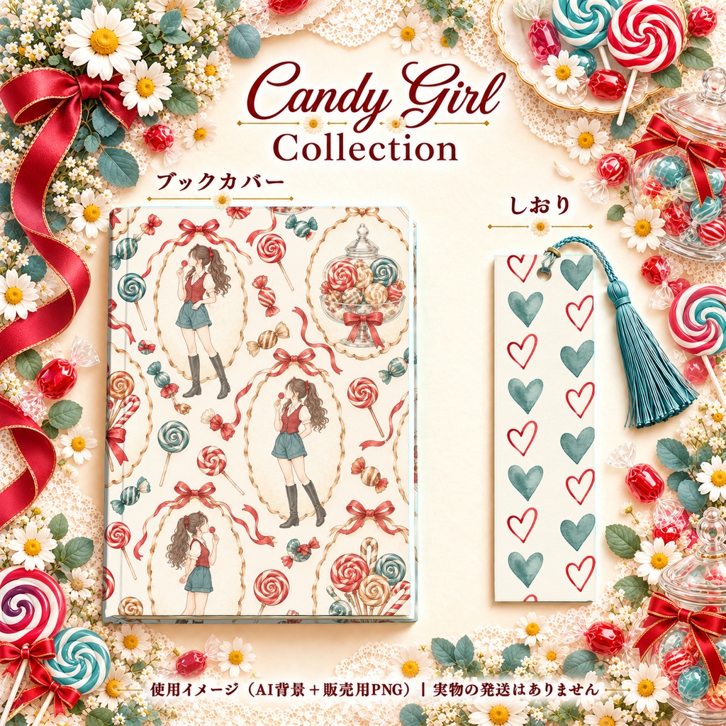 Candy Girl Collection|お菓子・ロリポップ・レース|A4印刷用PDF付き|手帳素材・ラッピング|シームレスPNG女の子とキャンディーの水彩デジタルペーパー10枚|