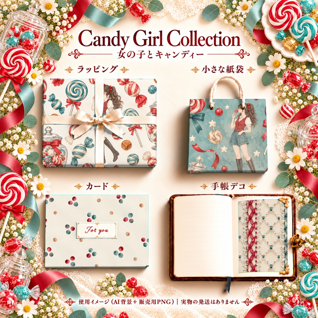 Candy Girl Collection|お菓子・ロリポップ・レース|A4印刷用PDF付き|手帳素材・ラッピング|シームレスPNG女の子とキャンディーの水彩デジタルペーパー10枚|